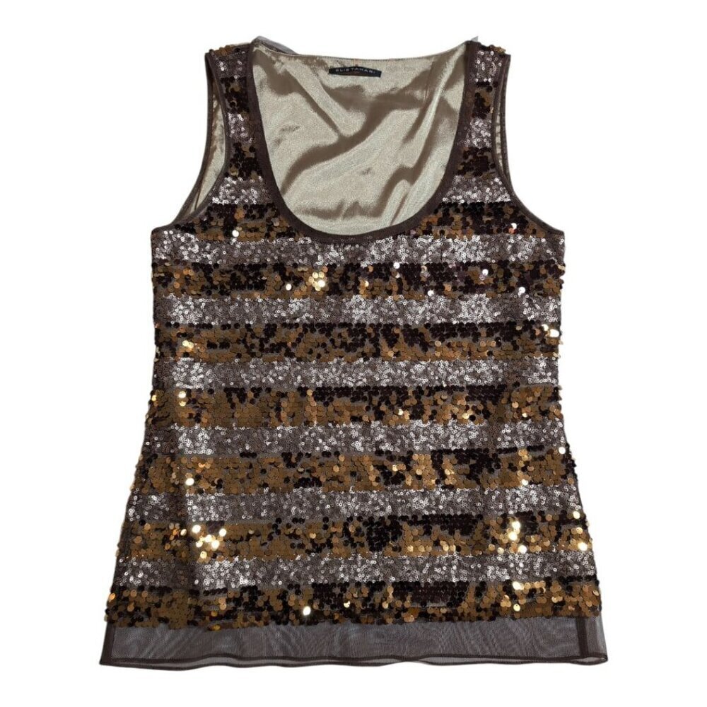 Elie Tahari Top Sequin Striped Sleeveless Tank Camisole Gold & Silver Womens XS